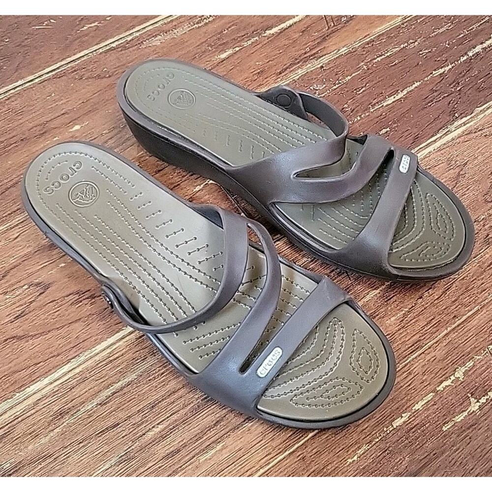 Crocs Sandals Women's Size 12 Patricia Wedge Strappy Slide Slip On Espresso